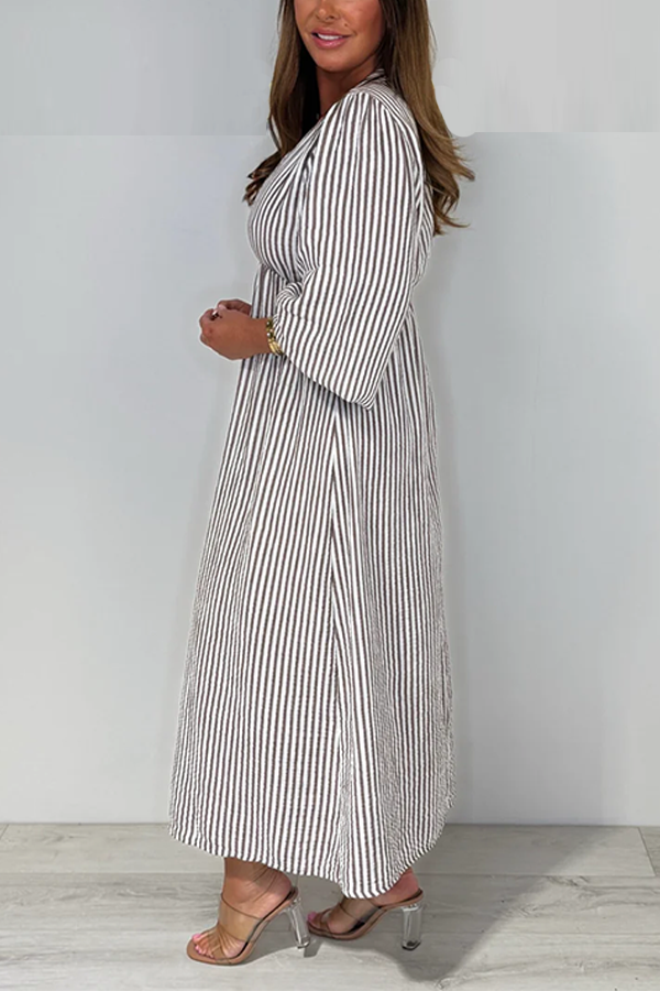 V-Neck Tie Up Striped Maxi Dress