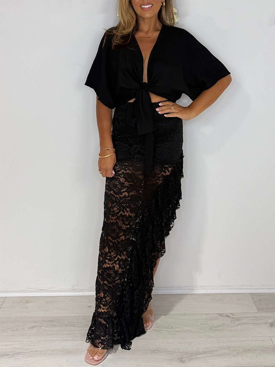 Tie Up Top & Lace Side Split Frill Maxi Skirt Co-ord
