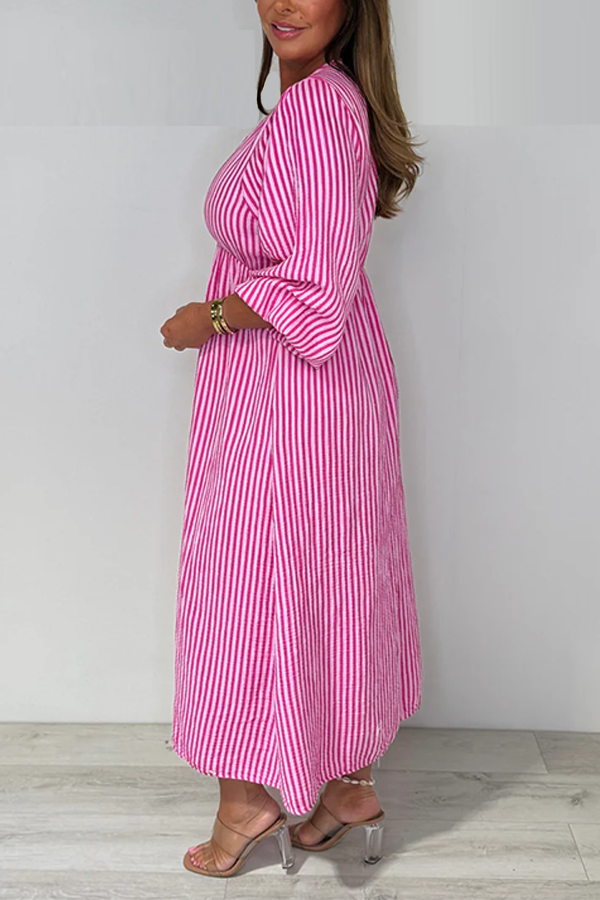 V-Neck Tie Up Striped Maxi Dress