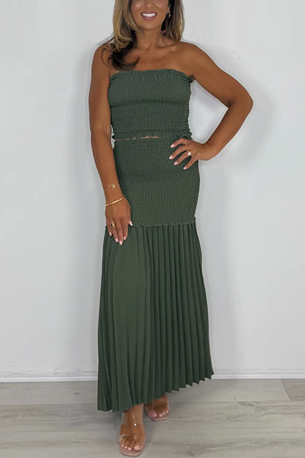 Bandeau Smocked Top With Smocked Pleated Maxi Skirt Co-ord