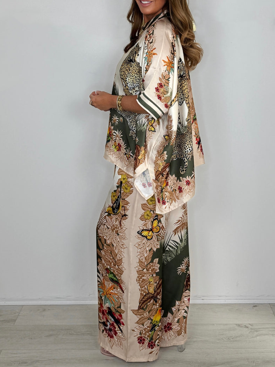 Silk Mix Cheetah & Bird Button Up Shirt & Trouser Co-Ord