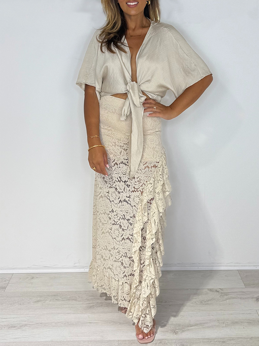 Tie Up Top & Lace Side Split Frill Maxi Skirt Co-ord