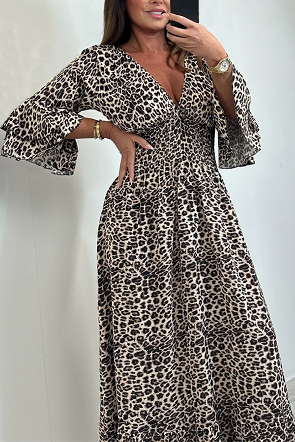 Leopard Smocked Waist Bell Sleeve Dress