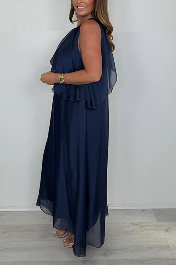 Silk Mix Sleeveless Tie Neck Waterfall Maxi Dress