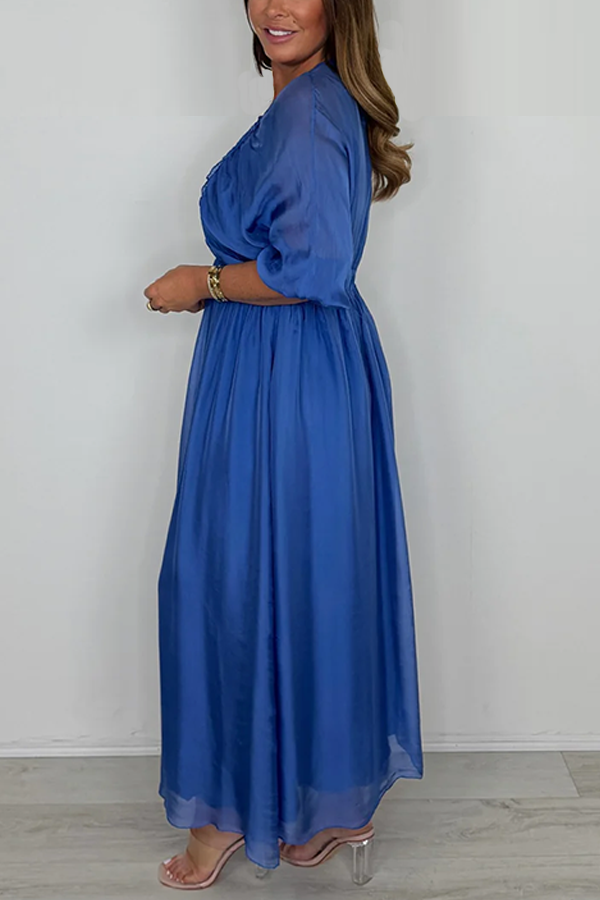 Smocked V-Neck Detail Long Sleeve Maxi Dress