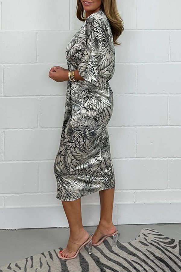 Leaf Printed Satin Ruched Dress