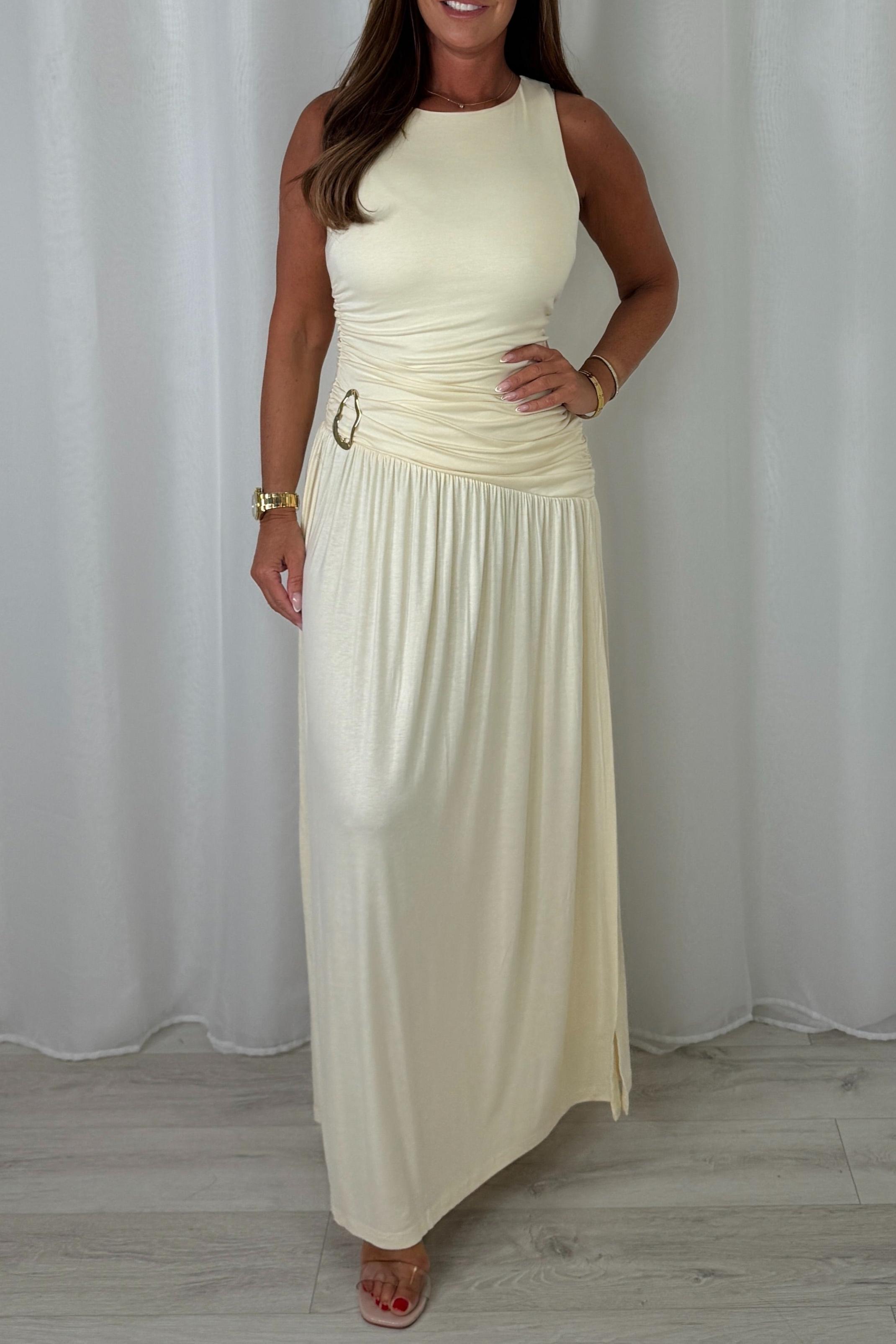 Round Neck Ruched Gold Buckle Side Split Maxi Dress