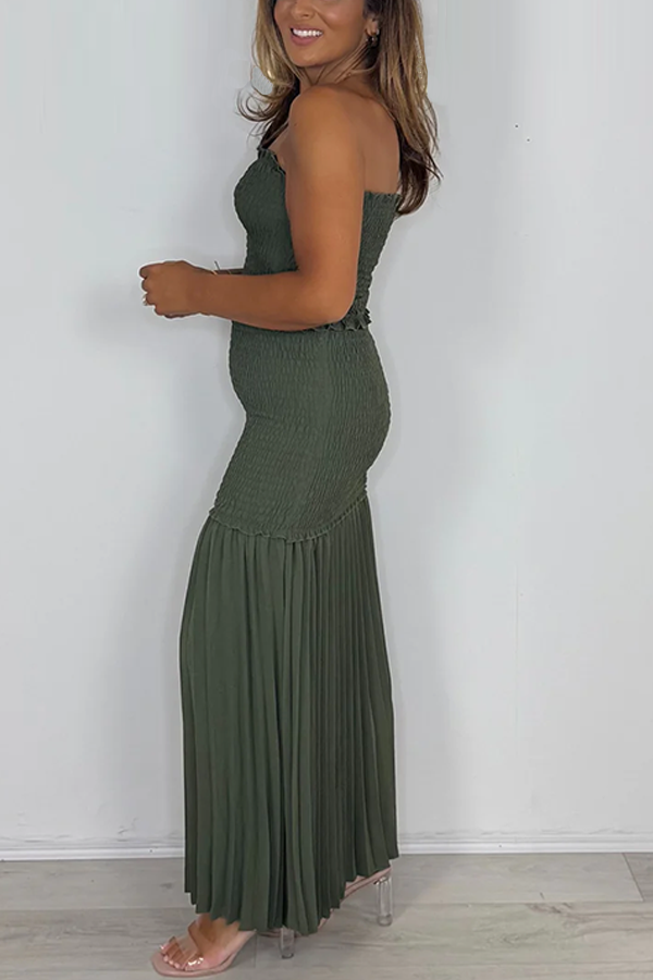 Bandeau Smocked Top With Smocked Pleated Maxi Skirt Co-ord