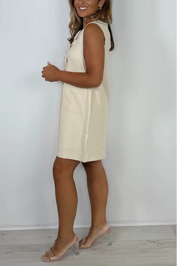 Beige Round Neck Bow Front Shift Dress
