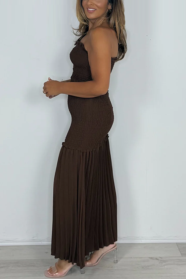 Bandeau Smocked Top With Smocked Pleated Maxi Skirt Co-ord