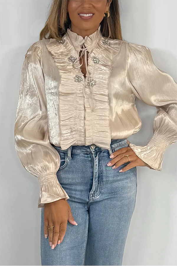Fringe Detail Grandad Collar Jewelled Detail Balloon Sleeve Blouse