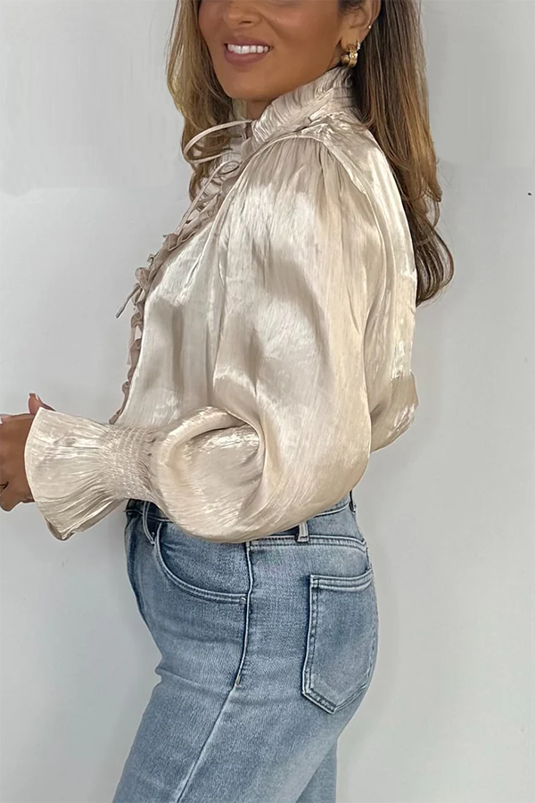 Fringe Detail Grandad Collar Jewelled Detail Balloon Sleeve Blouse