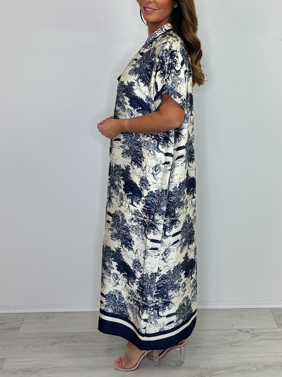 Silk Mix Tree/Animal Pattern V-Neck Short Sleeve Maxi Dress
