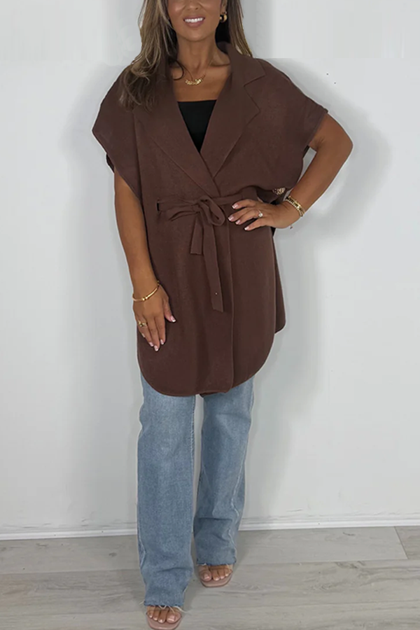 Tie Up Collared Hammered Gold Button Detail Poncho