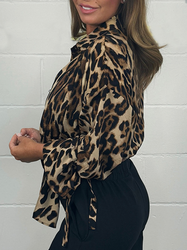 Leopard Tie Front Collared Blouse