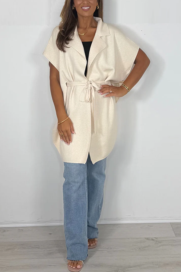 Tie Up Collared Hammered Gold Button Detail Poncho