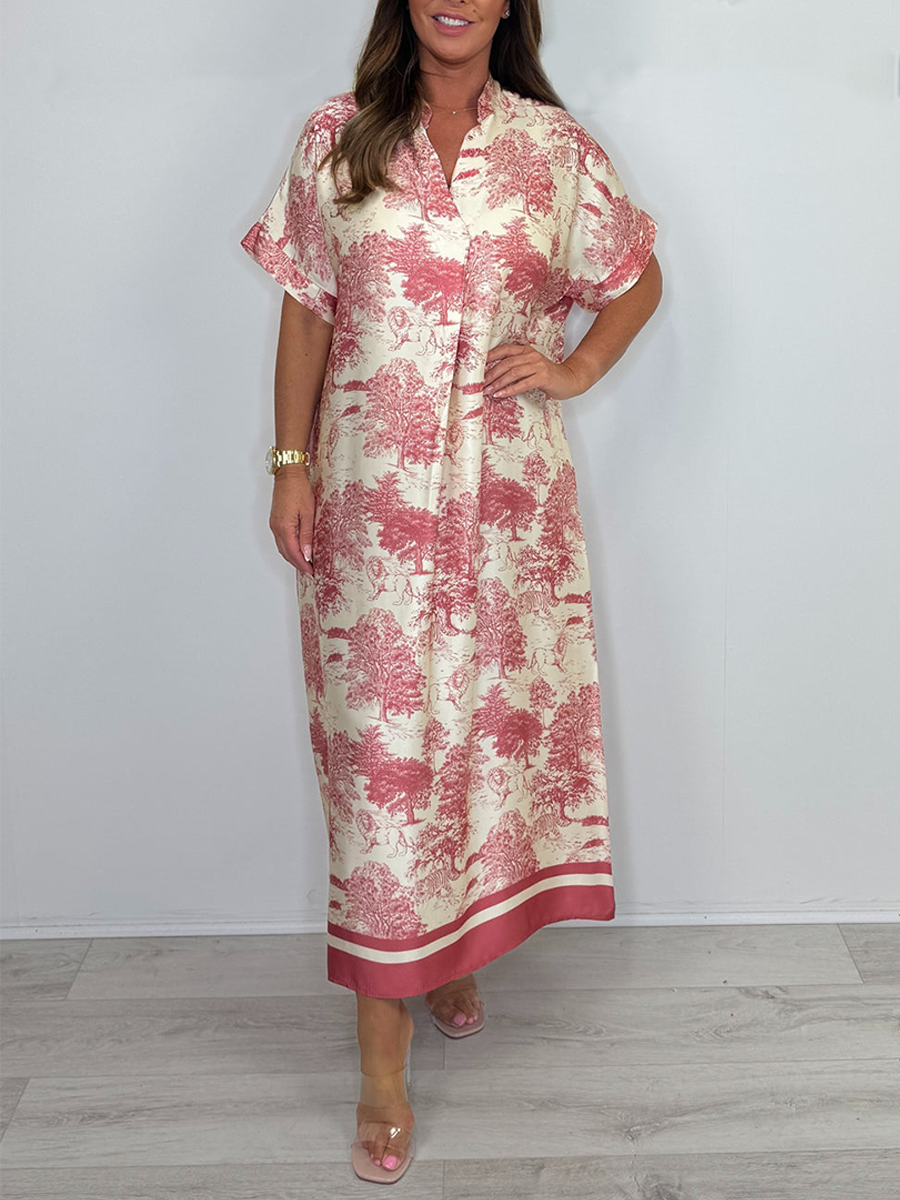 Silk Mix Tree/Animal Pattern V-Neck Short Sleeve Maxi Dress