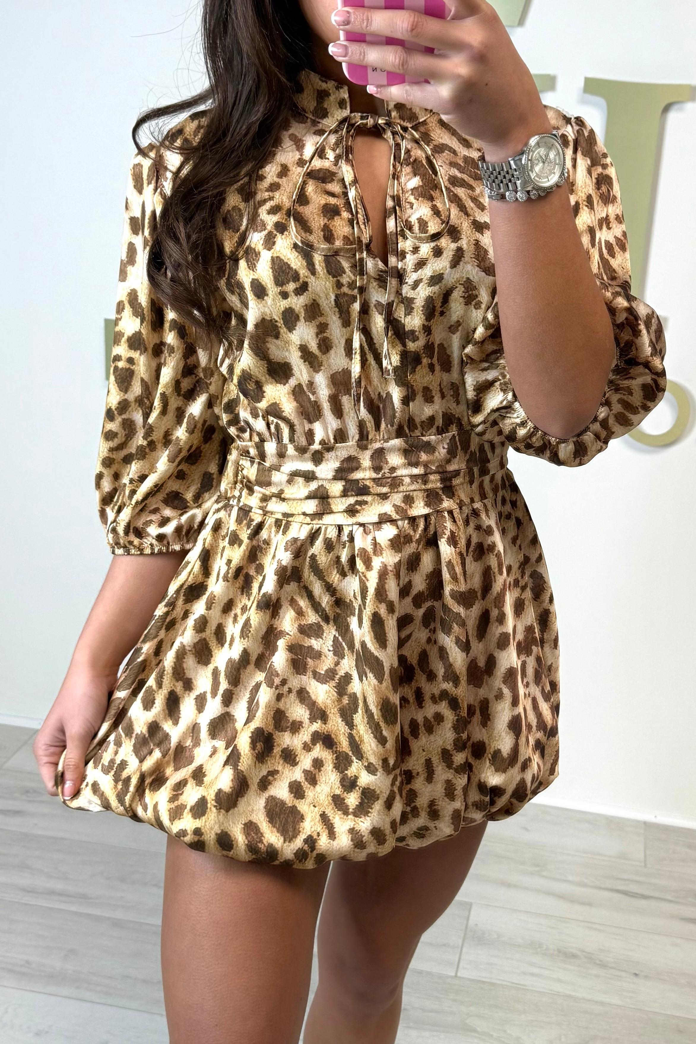 Leopard Puff Tie Front Mini Dress