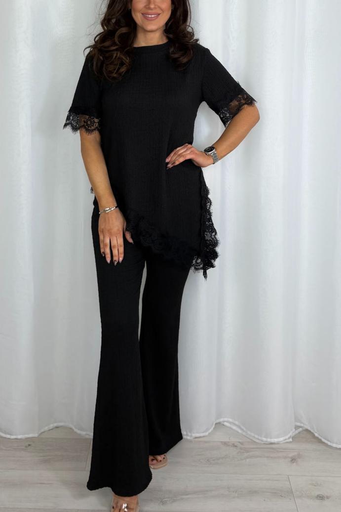 Crinkle Lace Trim Asymmetric Top & Trouser Co-Ord