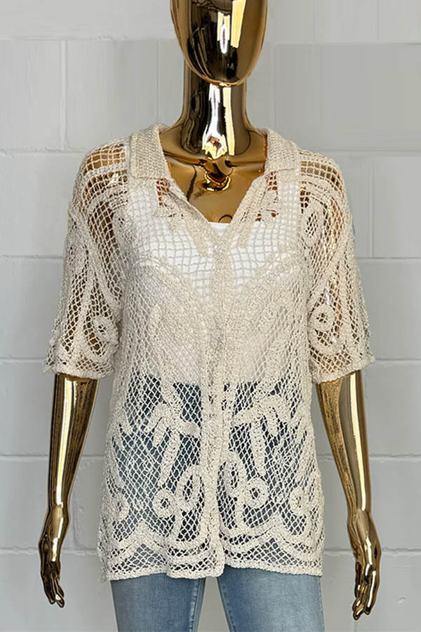 Crochet Collared Short Sleeve Shirt
