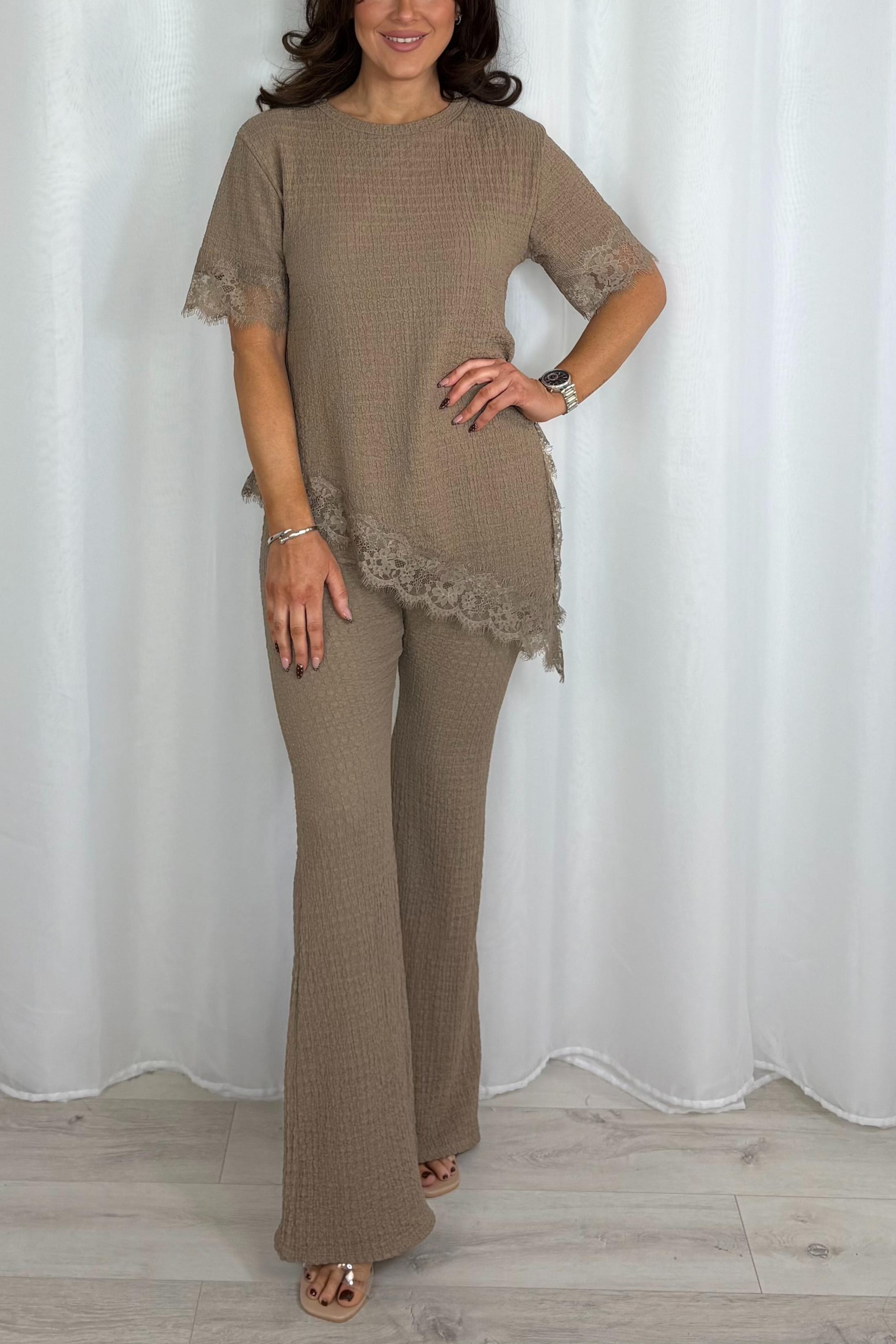 Crinkle Lace Trim Asymmetric Top & Trouser Co-Ord