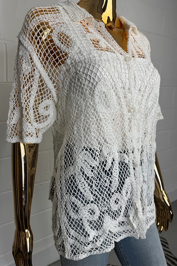 Crochet Collared Short Sleeve Shirt