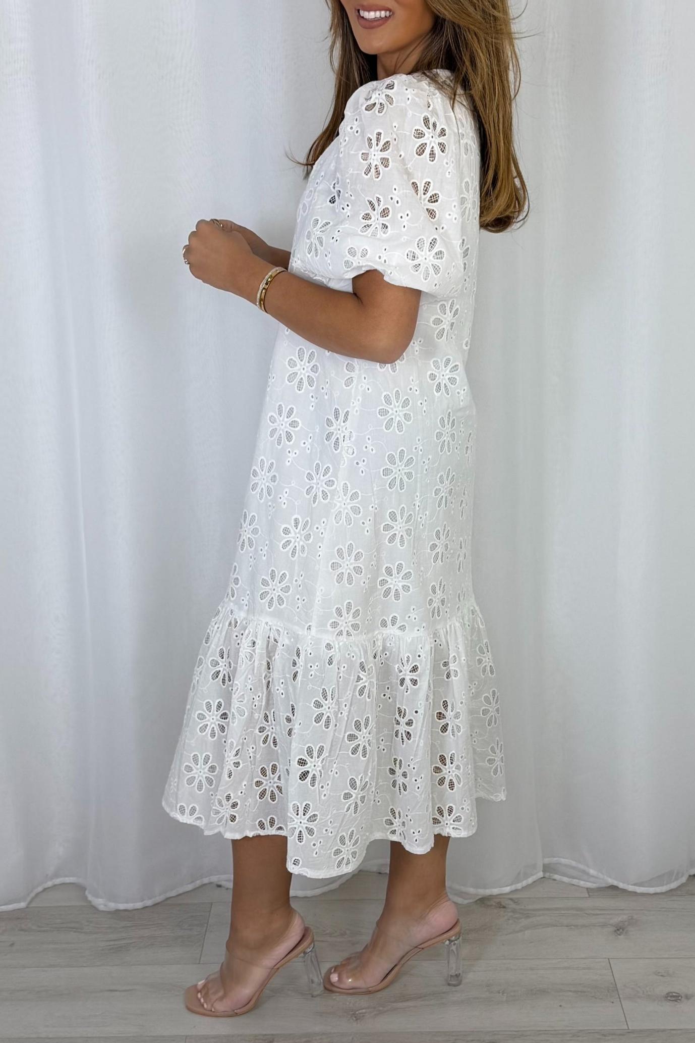 Pearl Button Embroidery Anglaise Maxi Dress