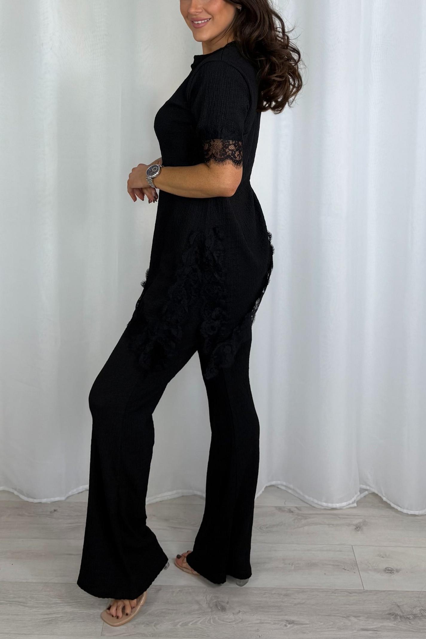 Crinkle Lace Trim Asymmetric Top & Trouser Co-Ord