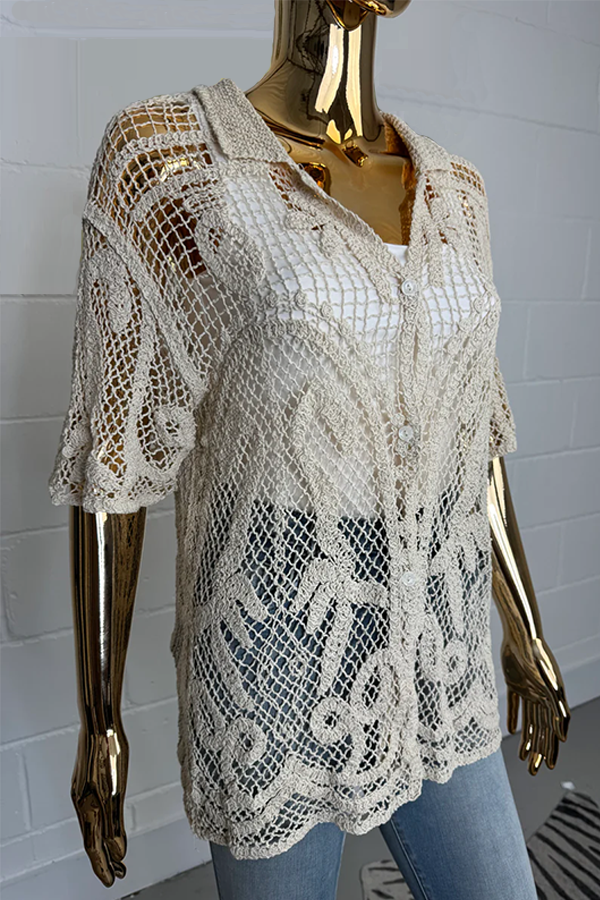 Crochet Collared Short Sleeve Shirt