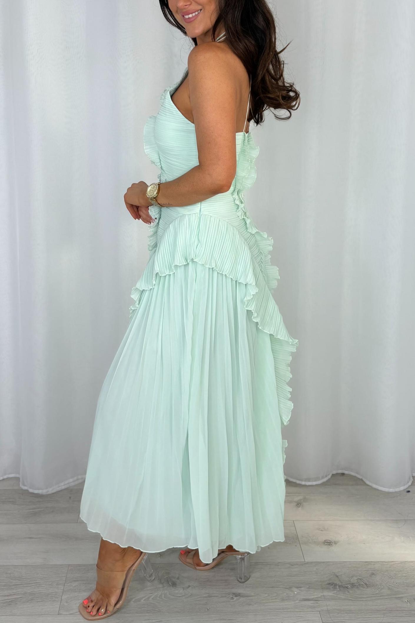 Pleated/Ruffle Detail Side Split Maxi Dress
