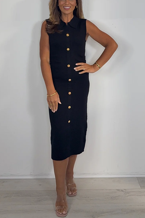 Soft Knit Collared Gold Button Ruched Side Midi Dress