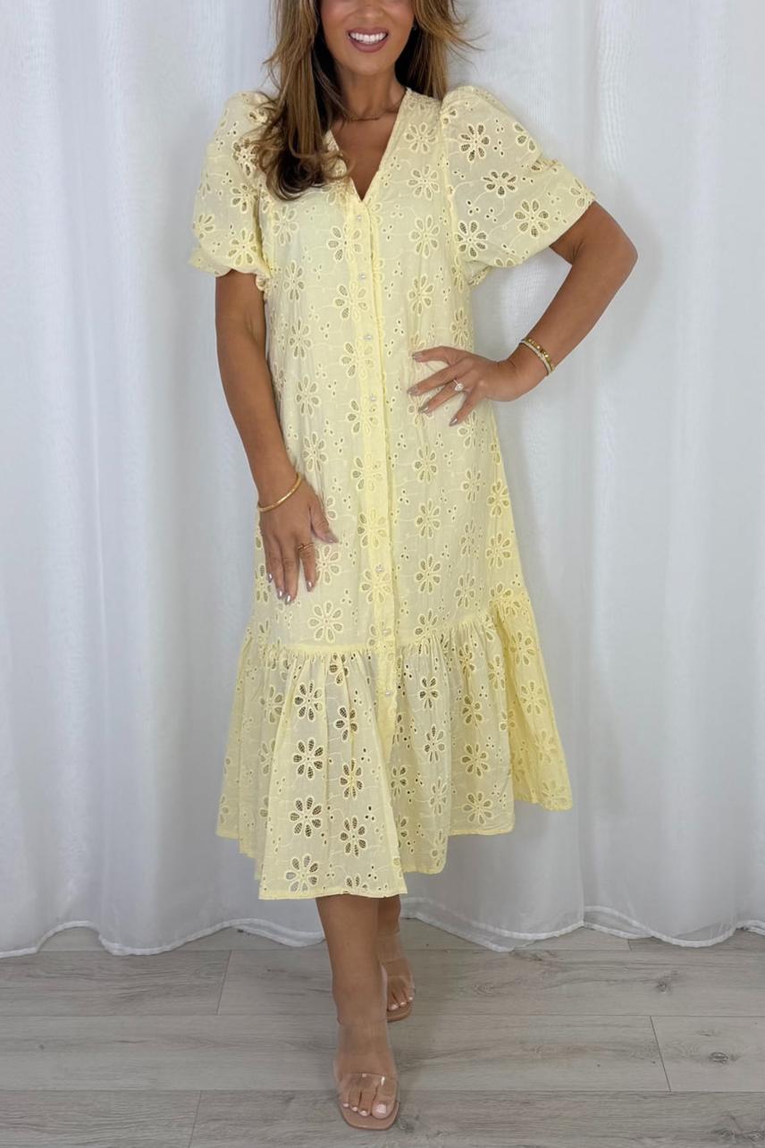 Pearl Button Embroidery Anglaise Maxi Dress
