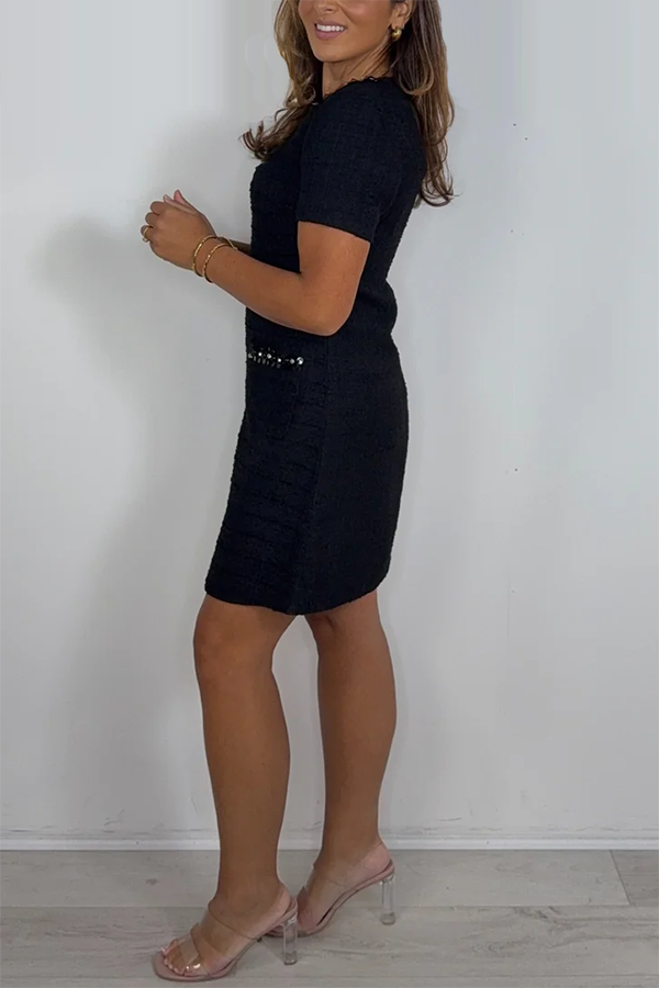 Tweed Short Sleeve Diamante Trim Shift Dress