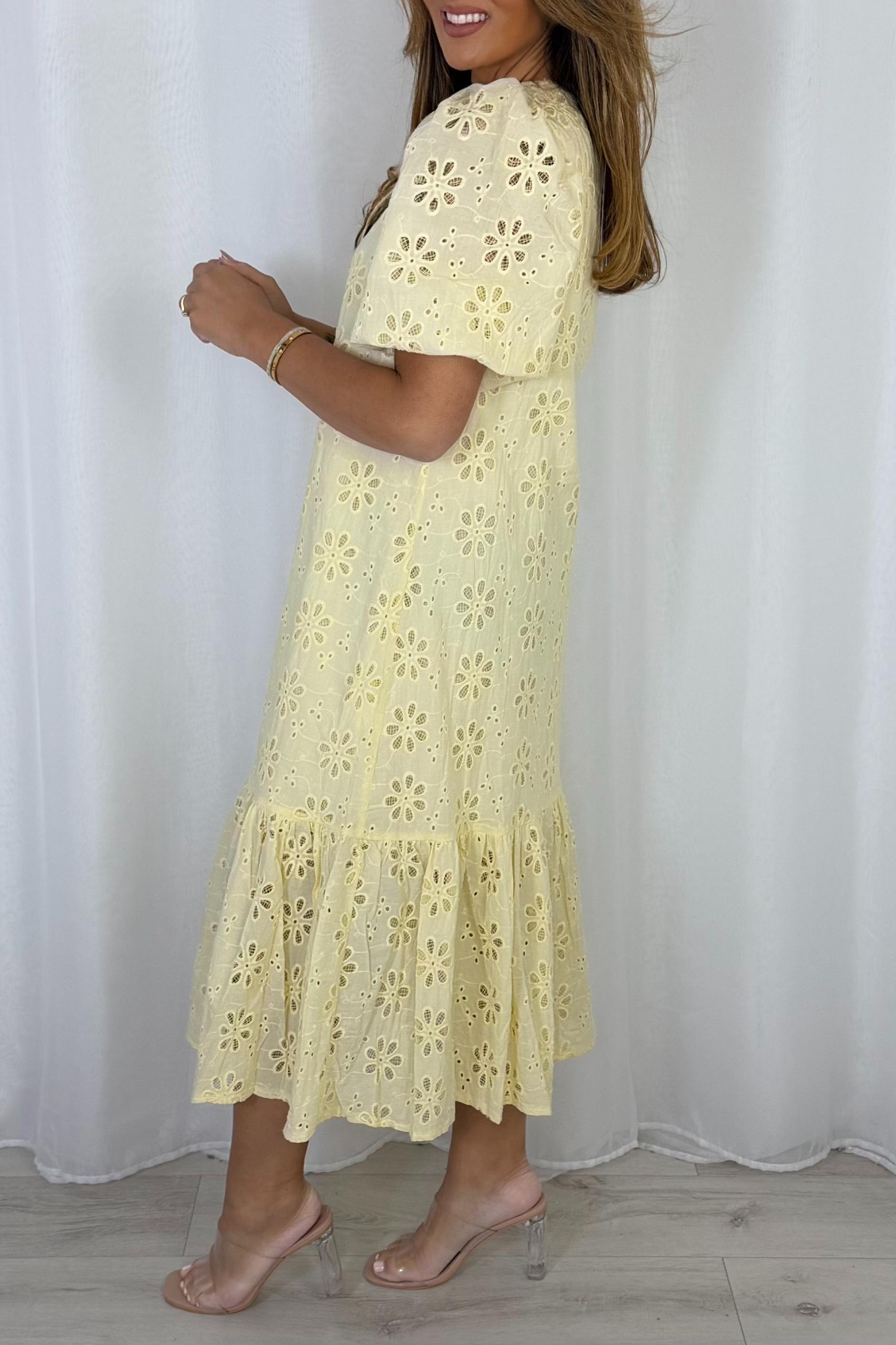 Pearl Button Embroidery Anglaise Maxi Dress