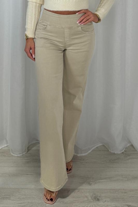 High Waisted Beige Stretch Straight Leg Jeans