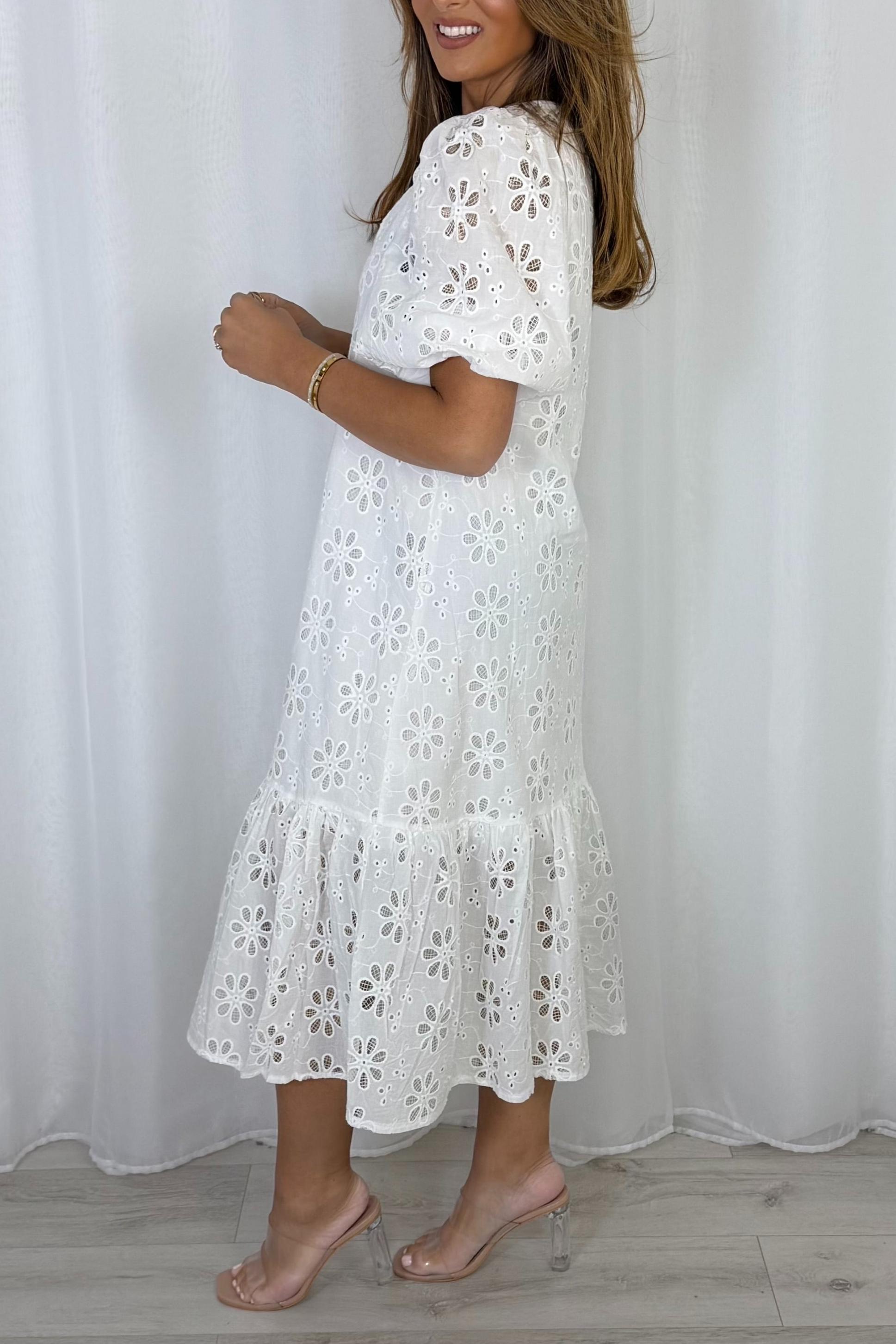 Pearl Button Embroidery Anglaise Maxi Dress