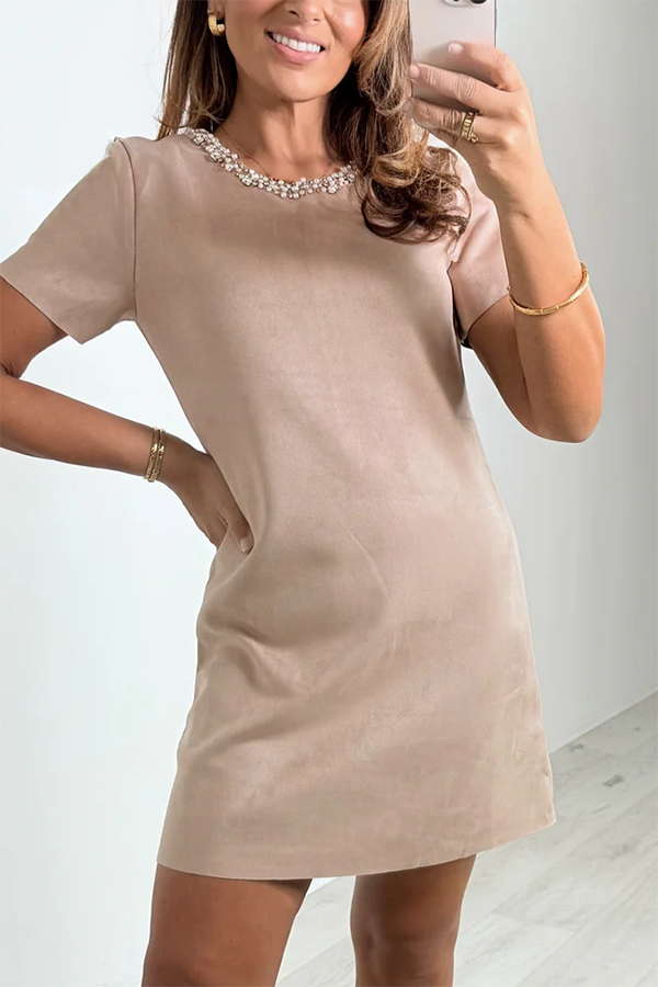 Diamante Pearl/Diamante Neck Trim Shift Dress