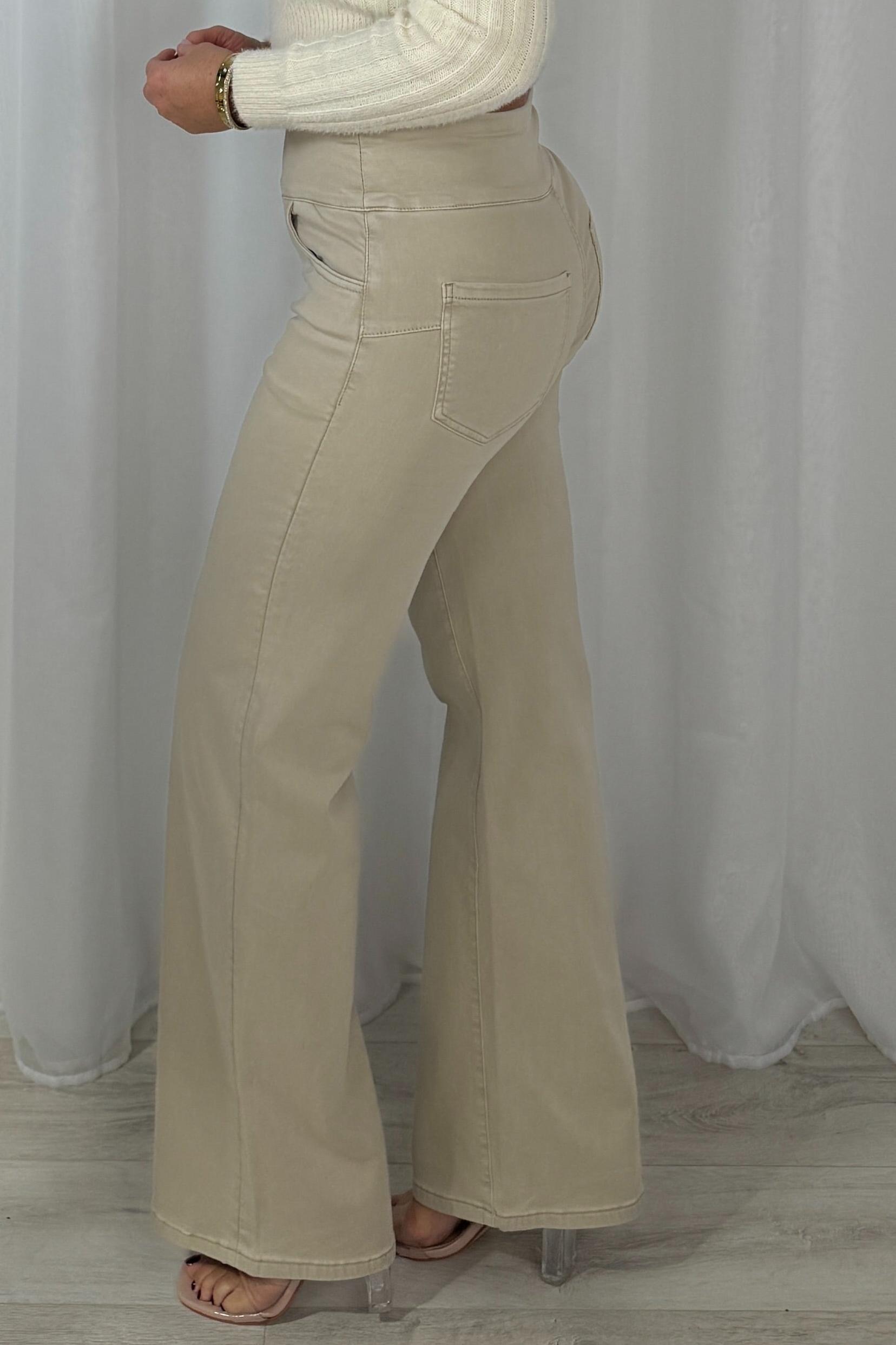 High Waisted Beige Stretch Straight Leg Jeans