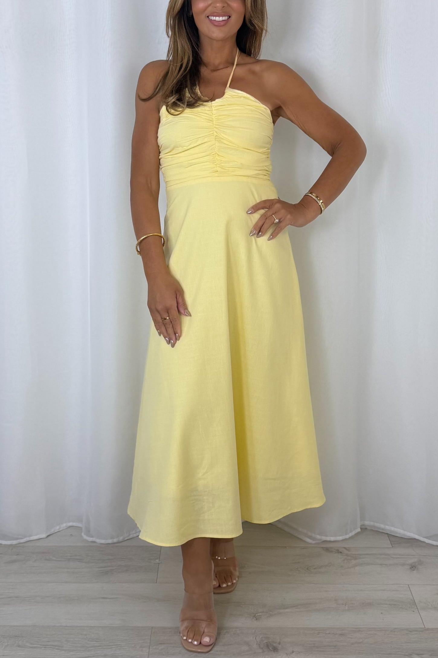 Ruched Tie Neck Smocked Back Midi Dress