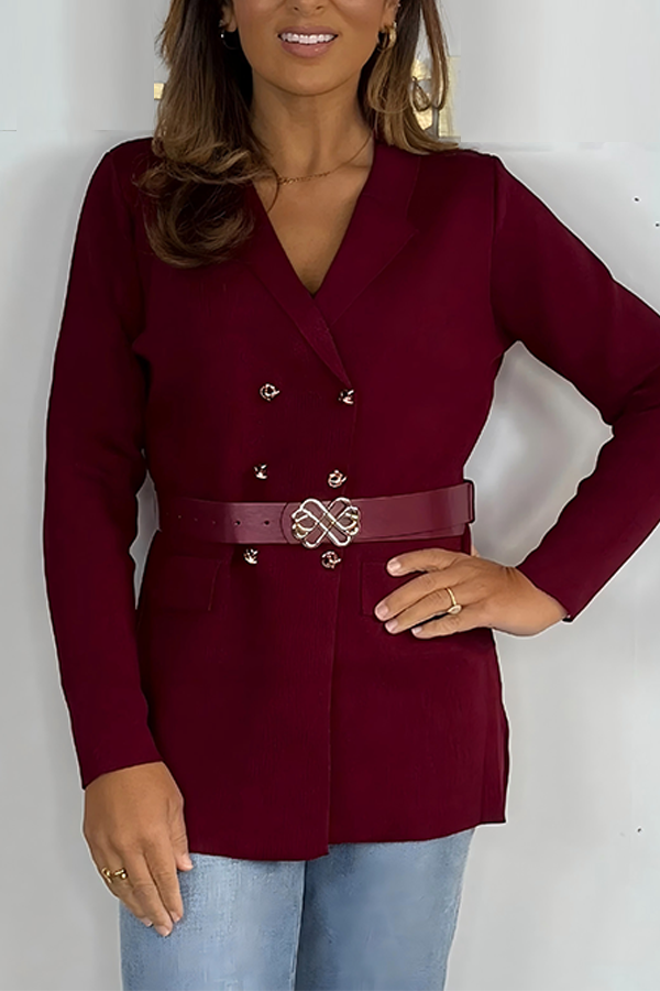 Double Breasted Gold Button Belted Collared Cardigan