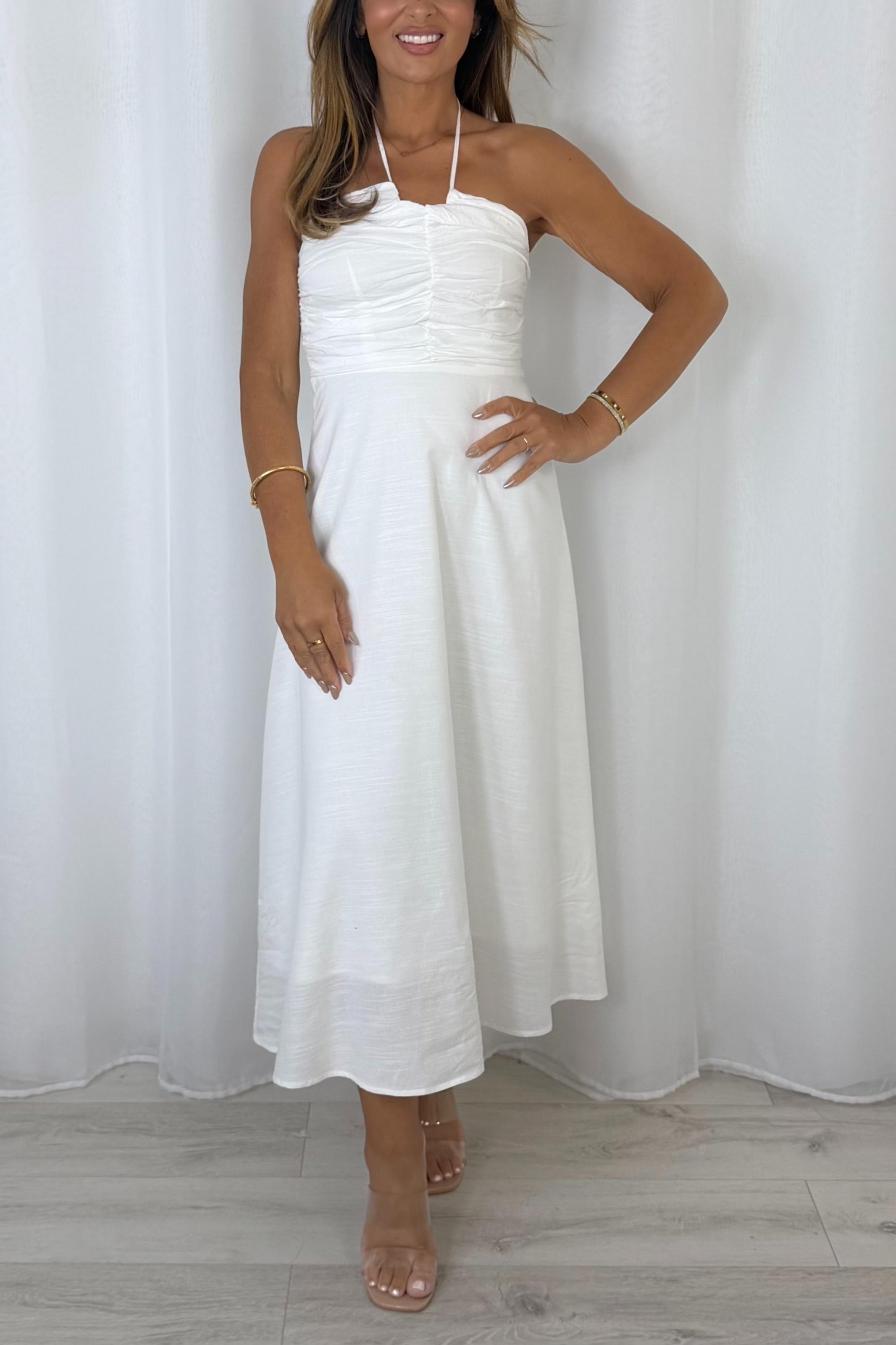 Ruched Tie Neck Smocked Back Midi Dress