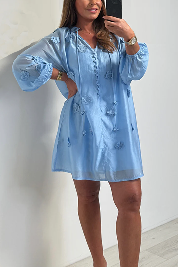 Blue Button Up Flower Detail Blouse Dress