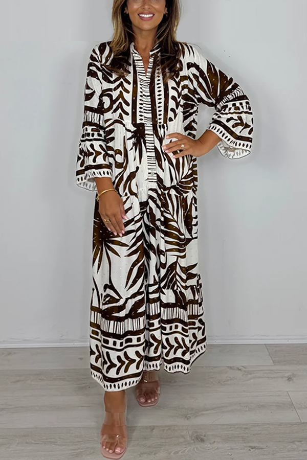 Brown/Cream Printed Gold Metallic Fleck Layered Bell Sleeve Swing Dress
