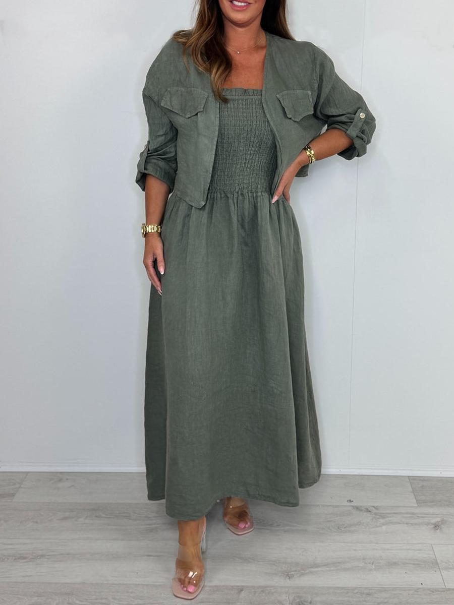 Linen Smocked Dress With Over Jacket
