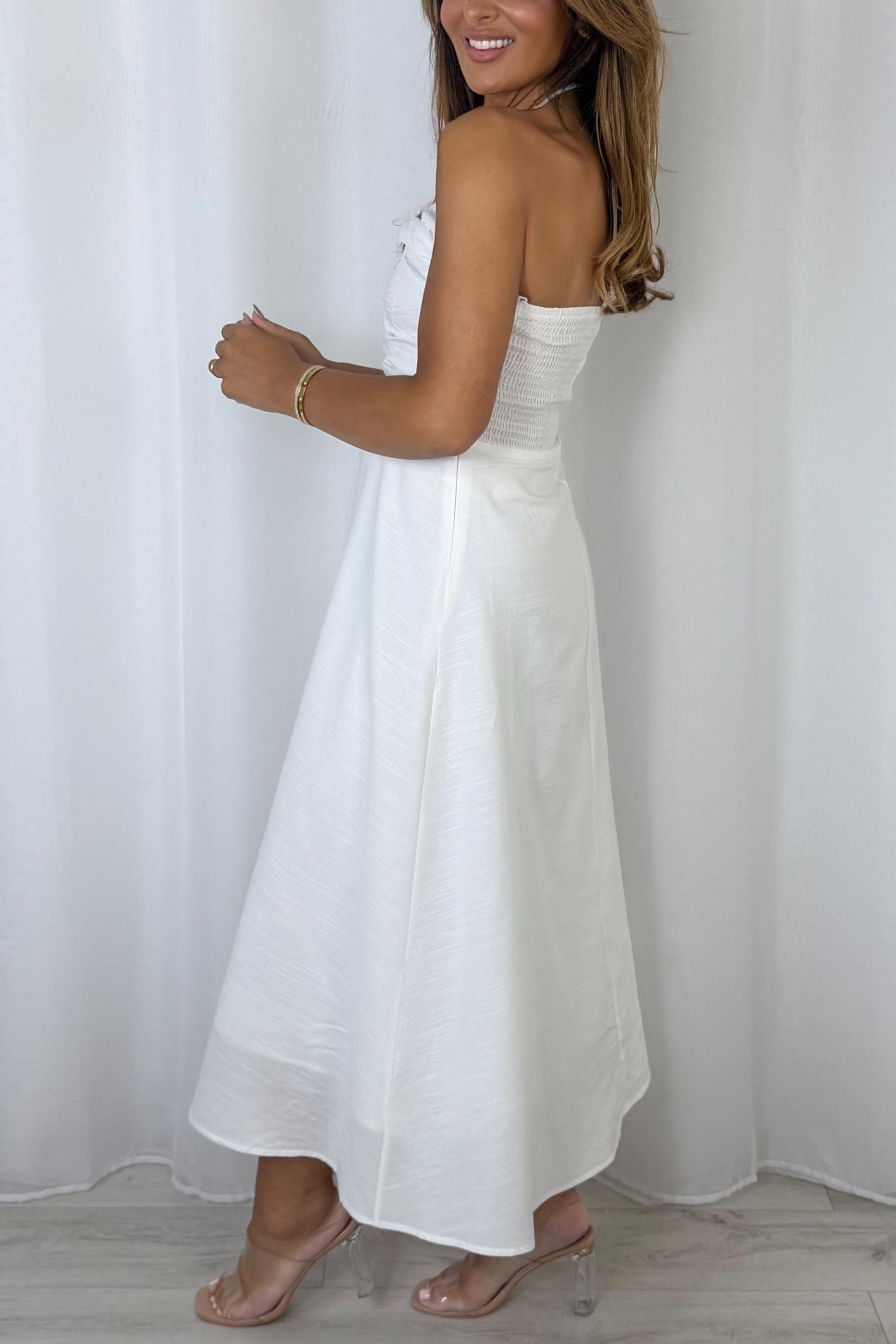 Ruched Tie Neck Smocked Back Midi Dress