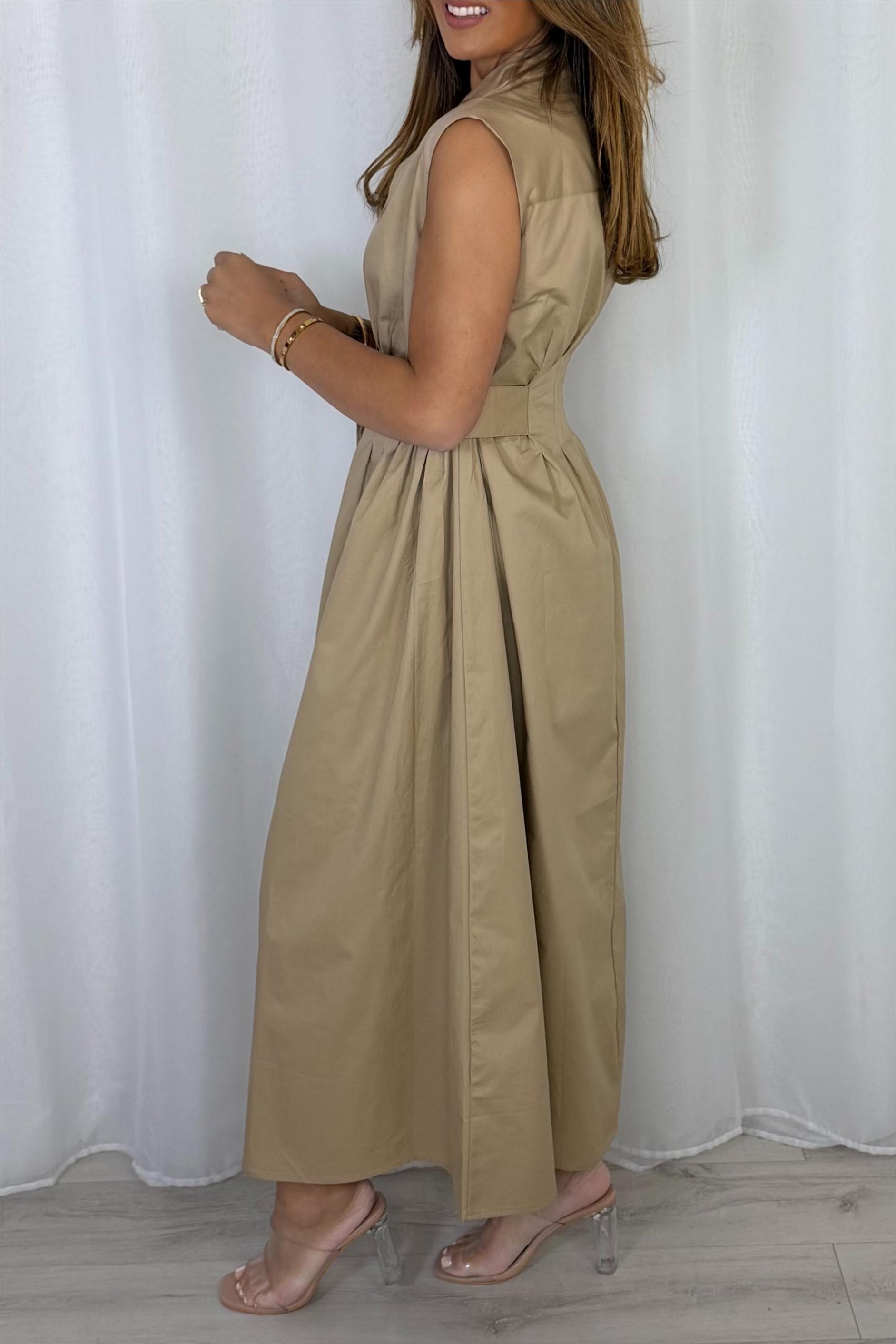 Grandad Collar Cinched Pleated Waist Dress
