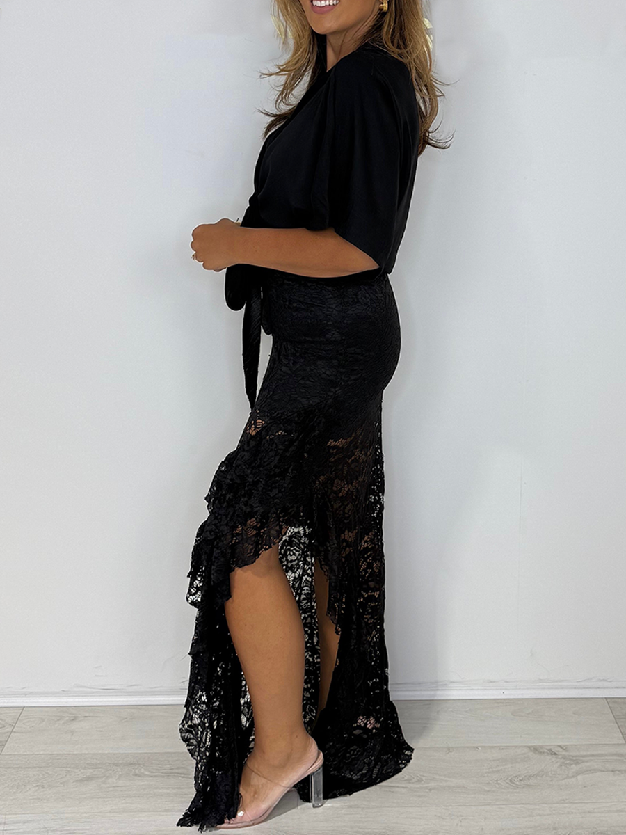 Tie Up Top & Lace Side Split Frill Maxi Skirt Co-ord