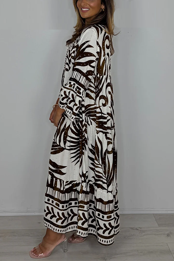 Brown/Cream Printed Gold Metallic Fleck Layered Bell Sleeve Swing Dress