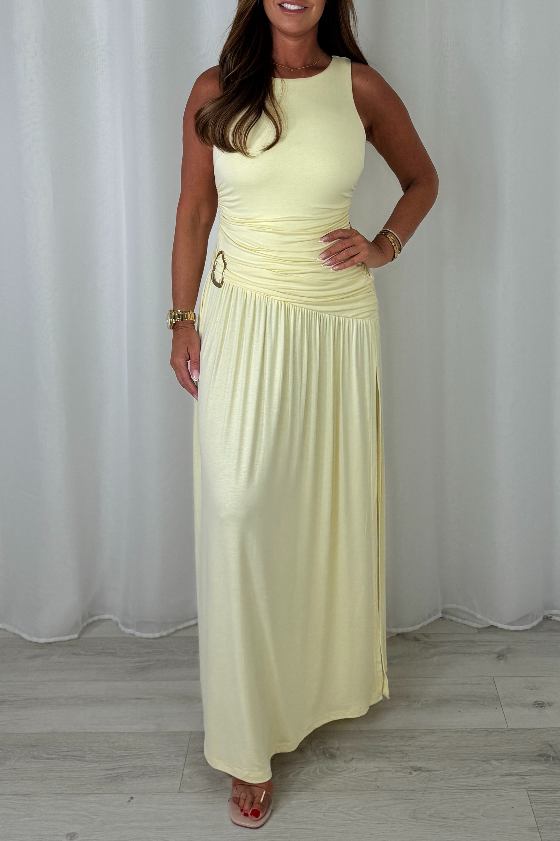 Round Neck Ruched Gold Buckle Side Split Maxi Dress