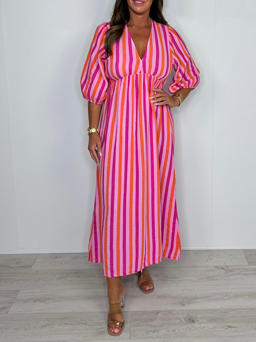 V-Neck Puff Sleeve Cheesecloth Midi Dress